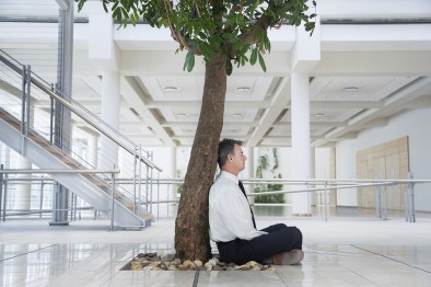 Full length side view of middle aged businessman meditating unde